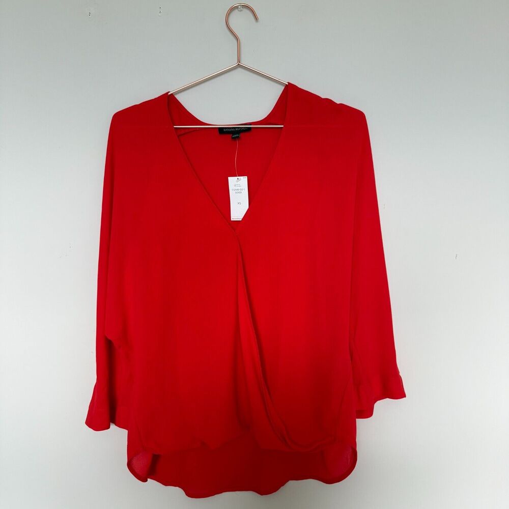 Banana Republic Womens Top XS Red Faux Wrap Date Night Coastal Spring Casual NEW